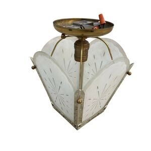 Vintage MCM Virden? Ceiling Light Fixture Brass Tone W/ Starburst Glass RARE